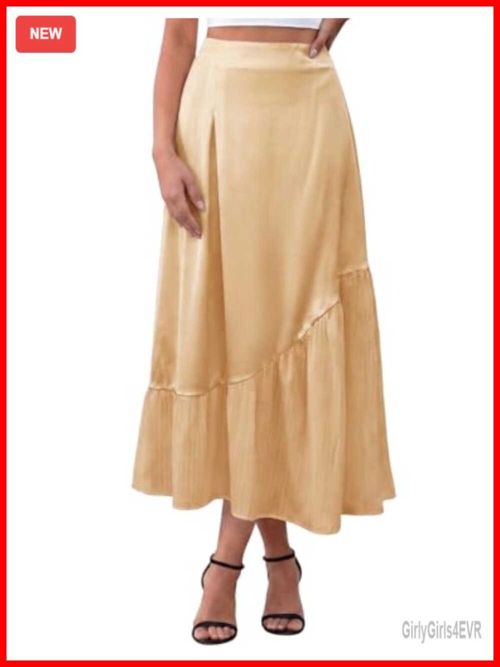 DERAX Womens Satin High Waisted Maxi Skirt Asymmetrical Ruffle Pleated Elegant